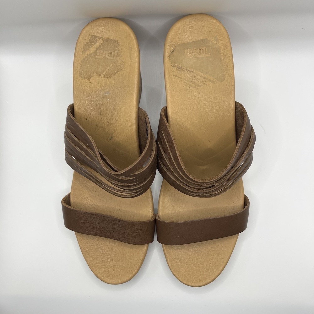 Teva Arrabelle Women's Sz 10 Brown Leather Cork Wedge Slide Sandals Heel - Picture 3 of 7